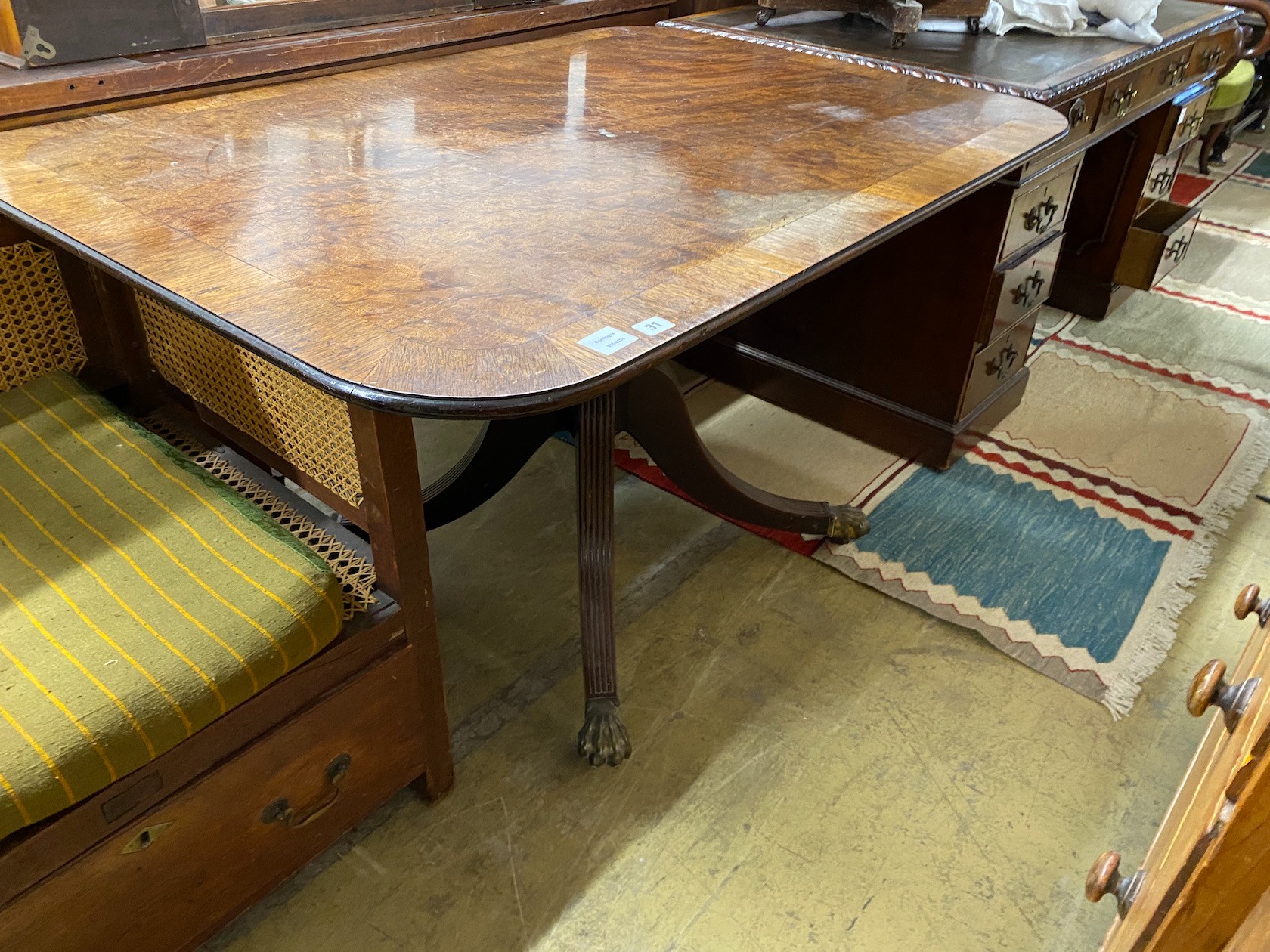 A Regency rectangular rosewood crossbanded mahogany tilt top breakfast table, width 128cm, depth 88cm, height 74cm